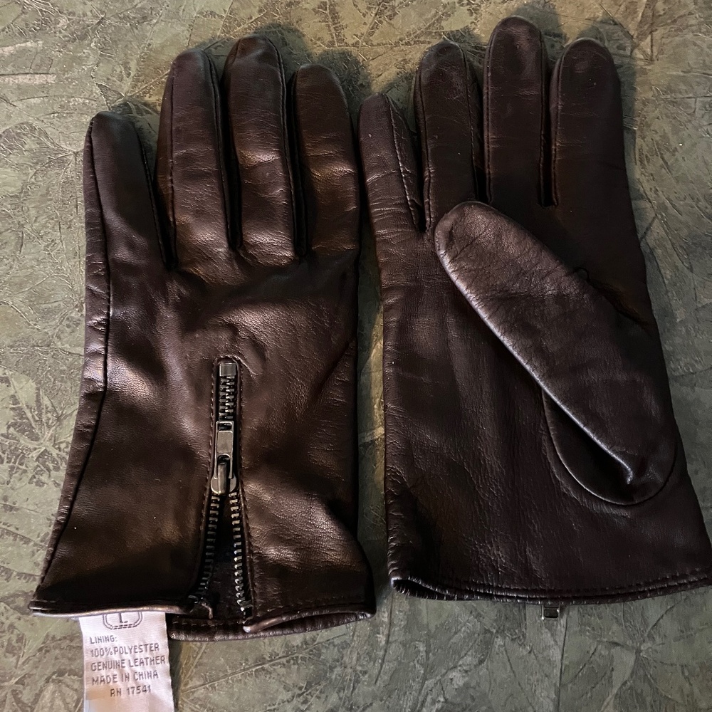 WOMENS GENUINE LEATHER GLOVES, DARK BROWN, BACK ZIPPER, FULLY LINED, SOFT
